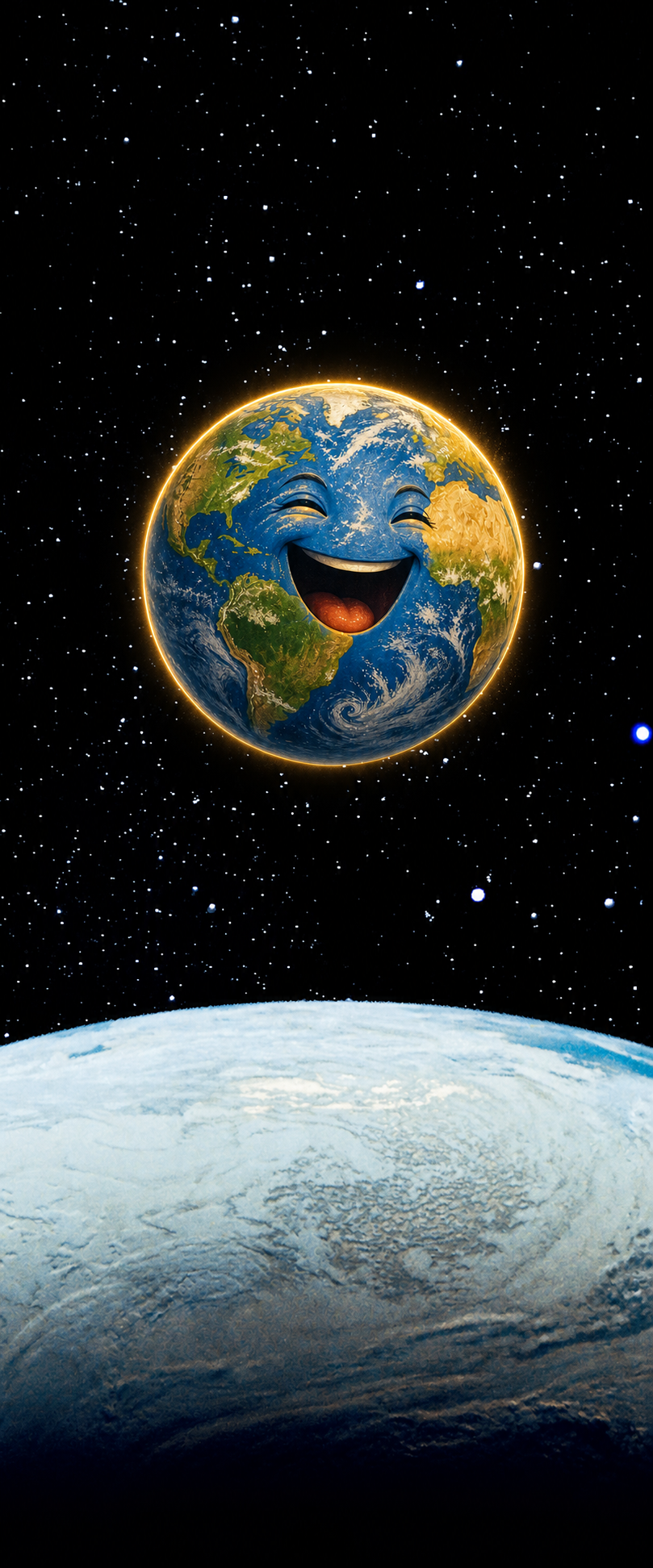 A laughing Earth floating in the original starfield above the Earth horizon